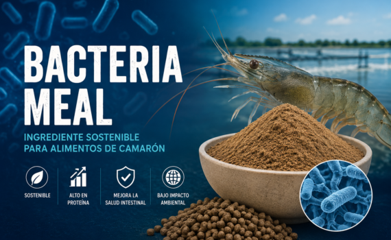 Harina bacteriana metanotrófica en un tazón junto a un camarón blanco, pellets de alimento acuícola y una micrografía de bacterias, sobre una granja camaronera