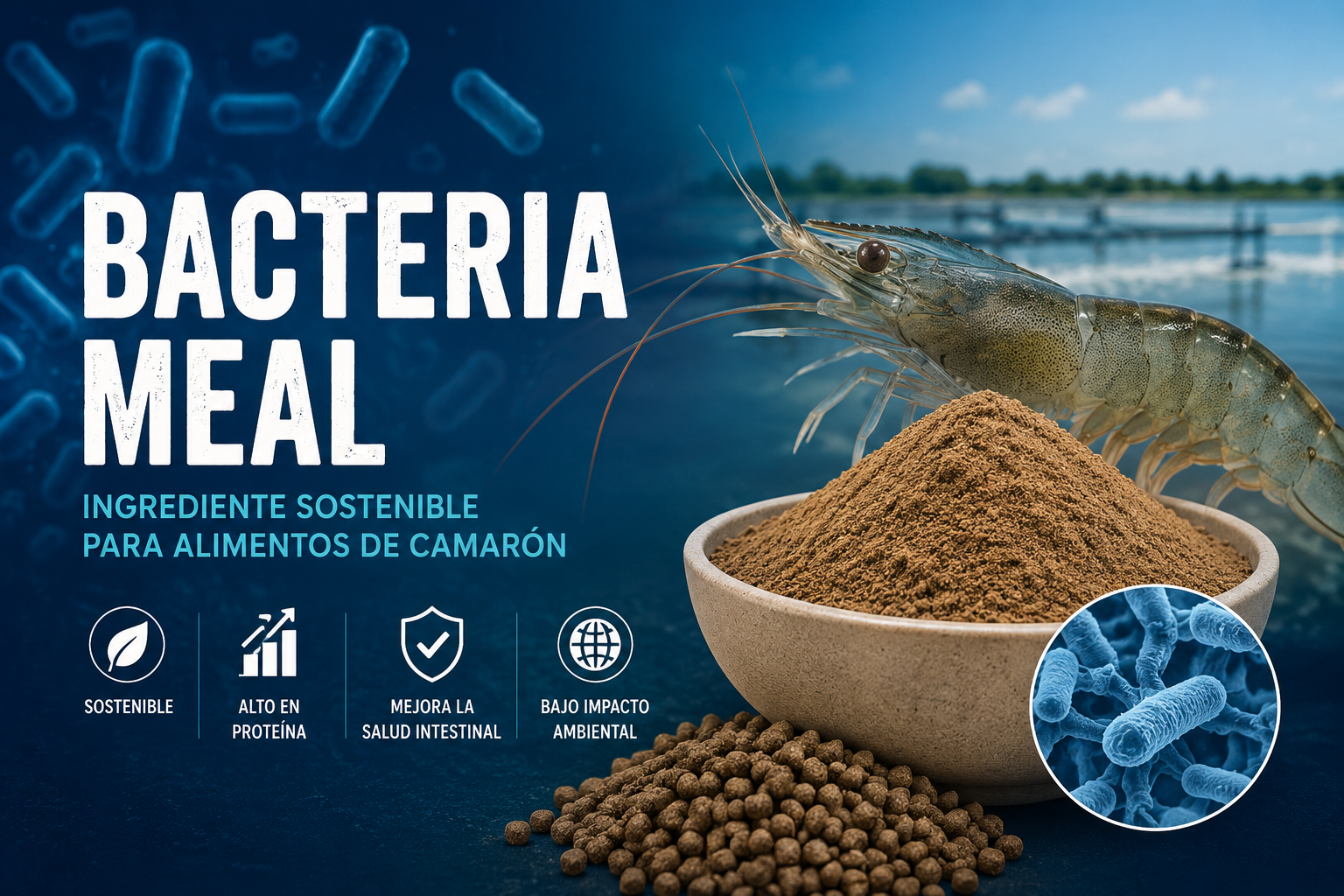 Harina bacteriana metanotrófica en un tazón junto a un camarón blanco, pellets de alimento acuícola y una micrografía de bacterias, sobre una granja camaronera