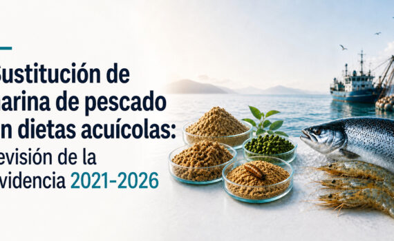 Cápsulas con harinas alternativas de soya, guisante e insecto junto a un salmón y camarones sobre hielo, con un barco pesquero al fondo