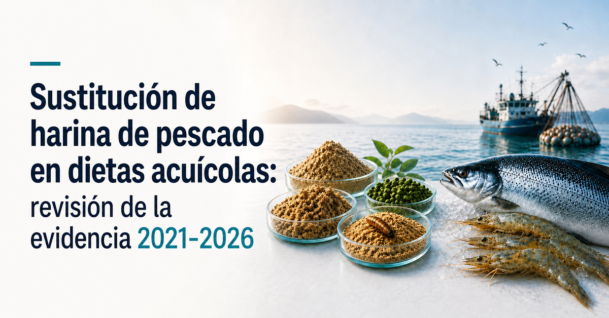 Cápsulas con harinas alternativas de soya, guisante e insecto junto a un salmón y camarones sobre hielo, con un barco pesquero al fondo