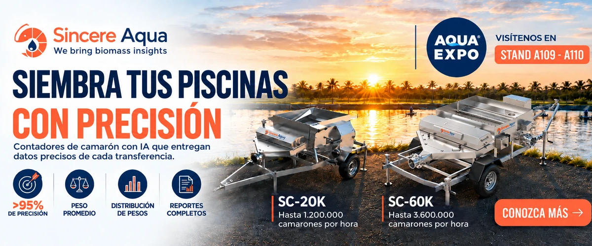 Sincere Aqua – Contadores de camarón con IA SC-20K y SC-60K – Stand A109-A110 en AquaExpo