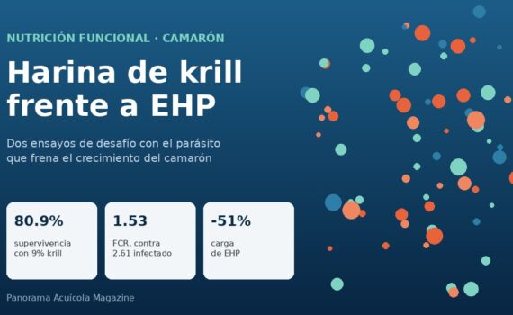 Gráfico con los resultados de harina de krill frente a EHP: 80.9% de supervivencia, FCR de 1.53 y 51% menos carga de EHP