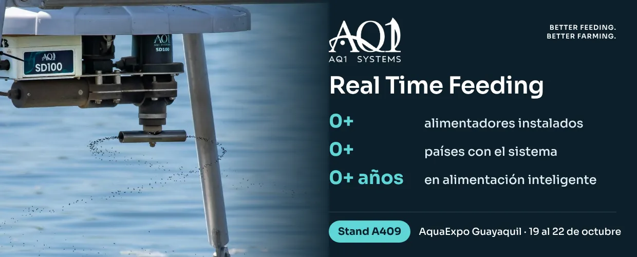 AQ1 Systems – Real Time Feeding – 40.000+ alimentadores instalados, 17+ países, 30+ años – Stand A409 en AquaExpo Guayaquil