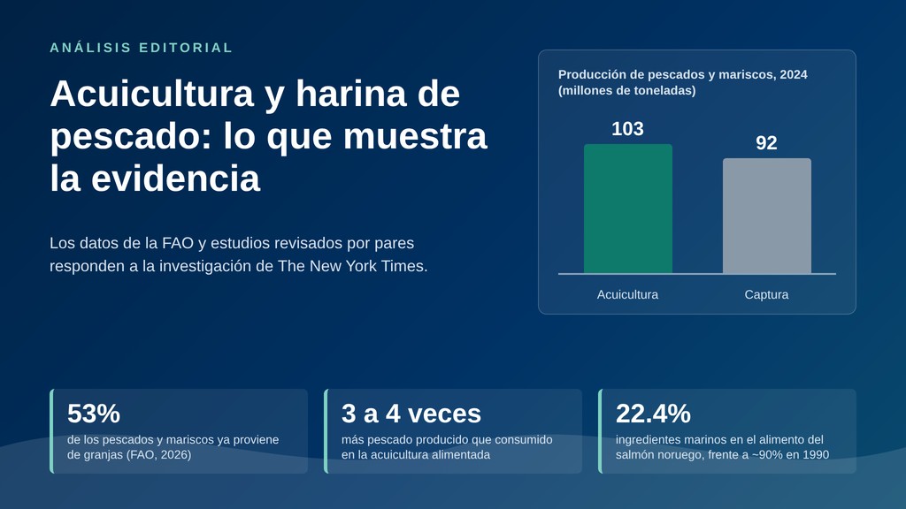 Infografía titulada Acuicultura y harina de pescado: lo que muestra la evidencia, con una gráfica de barras de la producción de pescados y mariscos en 2024 (103 millones de toneladas de acuicultura frente a 92 de captura) y tres cifras: 53%, 3 a 4 veces y 22.4%