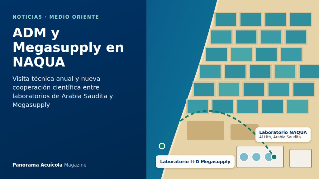Ilustración de estanques acuícolas rectangulares junto a la costa del mar Rojo, con una línea punteada que une el laboratorio de I+D de Megasupply con el laboratorio de NAQUA en Al Lith, Arabia Saudita, y el título ADM y Megasupply en NAQUA