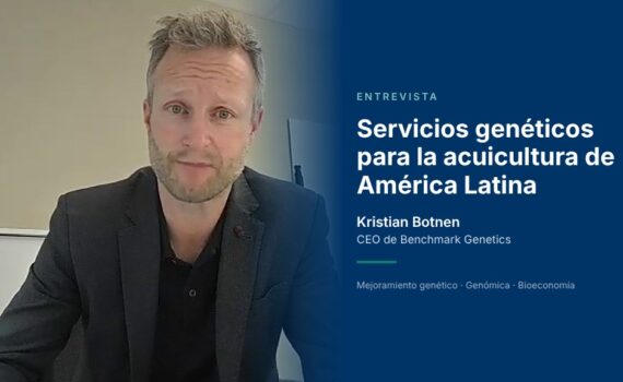 Kristian Botnen, CEO de Benchmark Genetics, durante la entrevista en video con Panorama Acuícola Magazine; a la derecha, el título Servicios genéticos para la acuicultura de América Latina