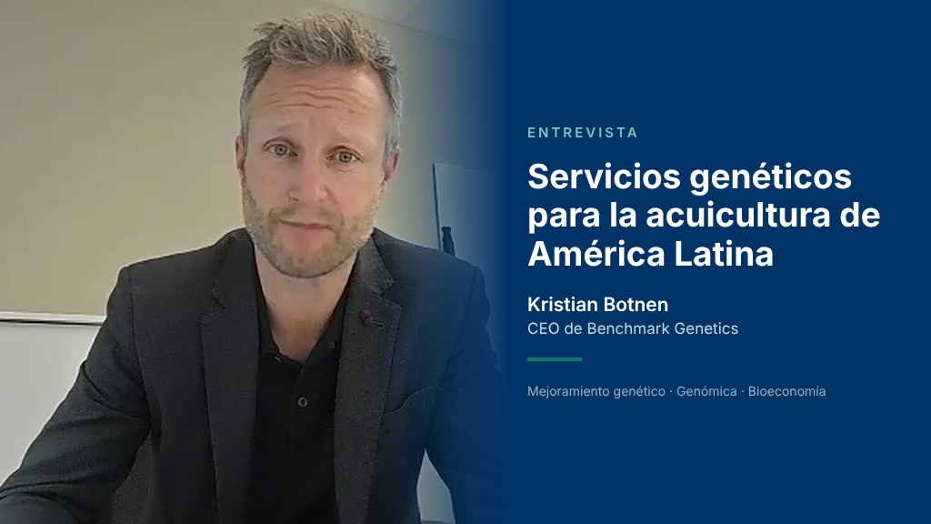 Kristian Botnen, CEO de Benchmark Genetics, durante la entrevista en video con Panorama Acuícola Magazine; a la derecha, el título Servicios genéticos para la acuicultura de América Latina