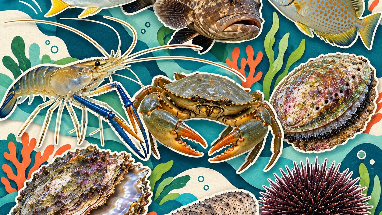 Ilustración de especies acuícolas emergentes: langostino, cangrejo y abulón.