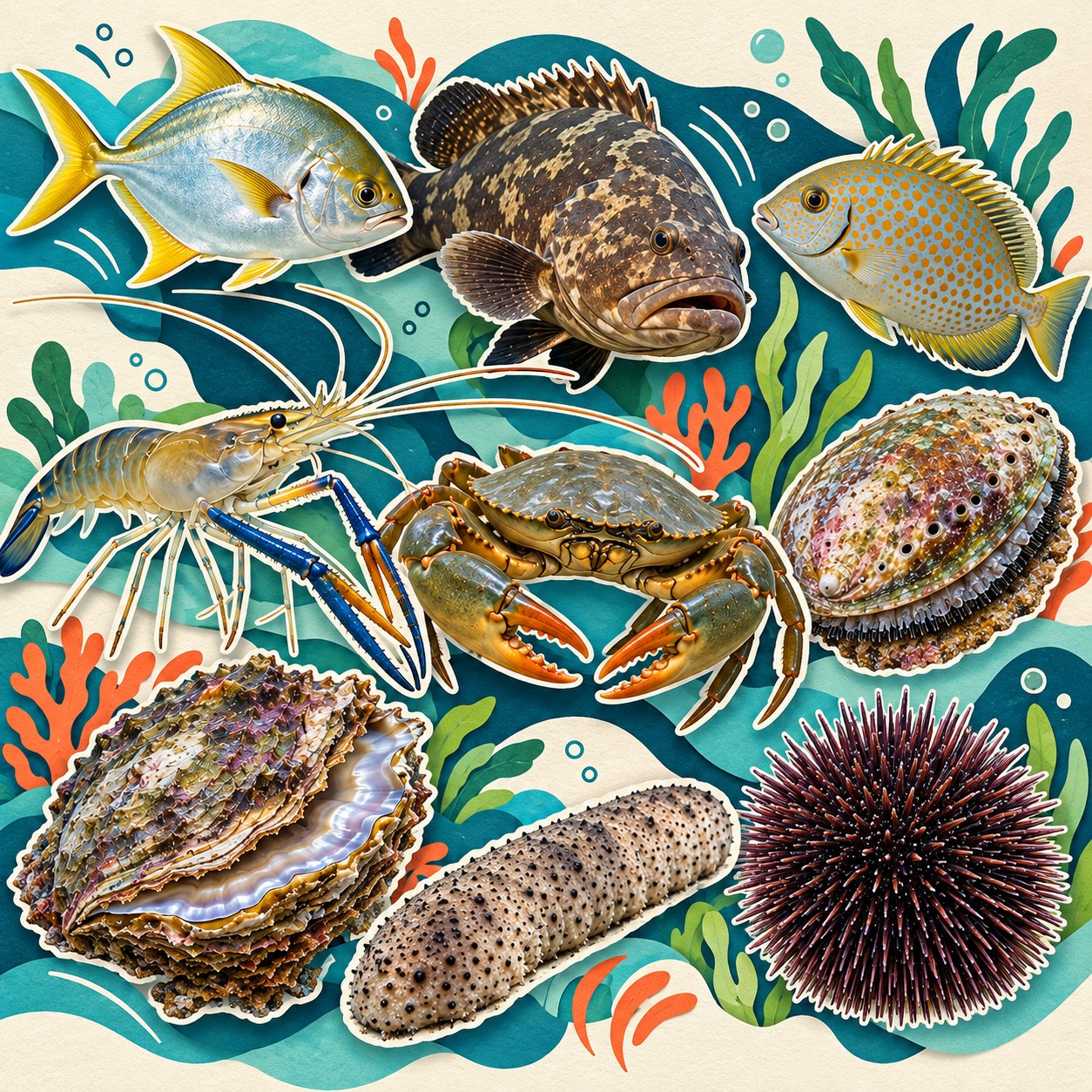 Ilustración con especies acuícolas emergentes: peces, langostino, cangrejo, abulón, ostra, pepino de mar y erizo.