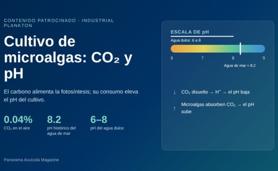 Gráfico con el título Cultivo de microalgas: CO₂ y pH, tres cifras (0.04% de CO₂ en el aire, pH 8.2 del agua de mar y pH 6 a 8 del agua dulce) y una escala de pH que muestra que el CO₂ disuelto baja el pH y su absorción por las microalgas lo sube
