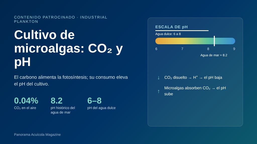 Gráfico con el título Cultivo de microalgas: CO₂ y pH, tres cifras (0.04% de CO₂ en el aire, pH 8.2 del agua de mar y pH 6 a 8 del agua dulce) y una escala de pH que muestra que el CO₂ disuelto baja el pH y su absorción por las microalgas lo sube