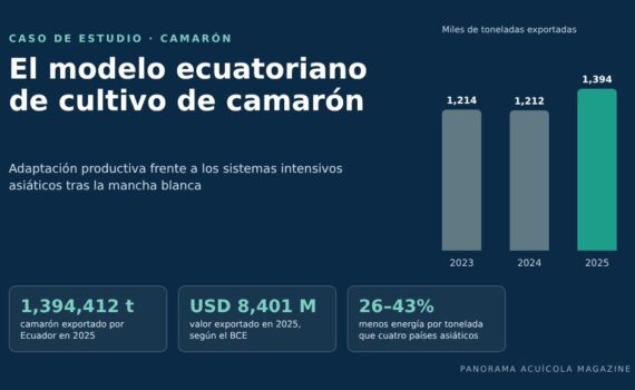 Modelo ecuatoriano de cultivo de camarón: exportaciones de Ecuador en miles de toneladas y tres indicadores clave