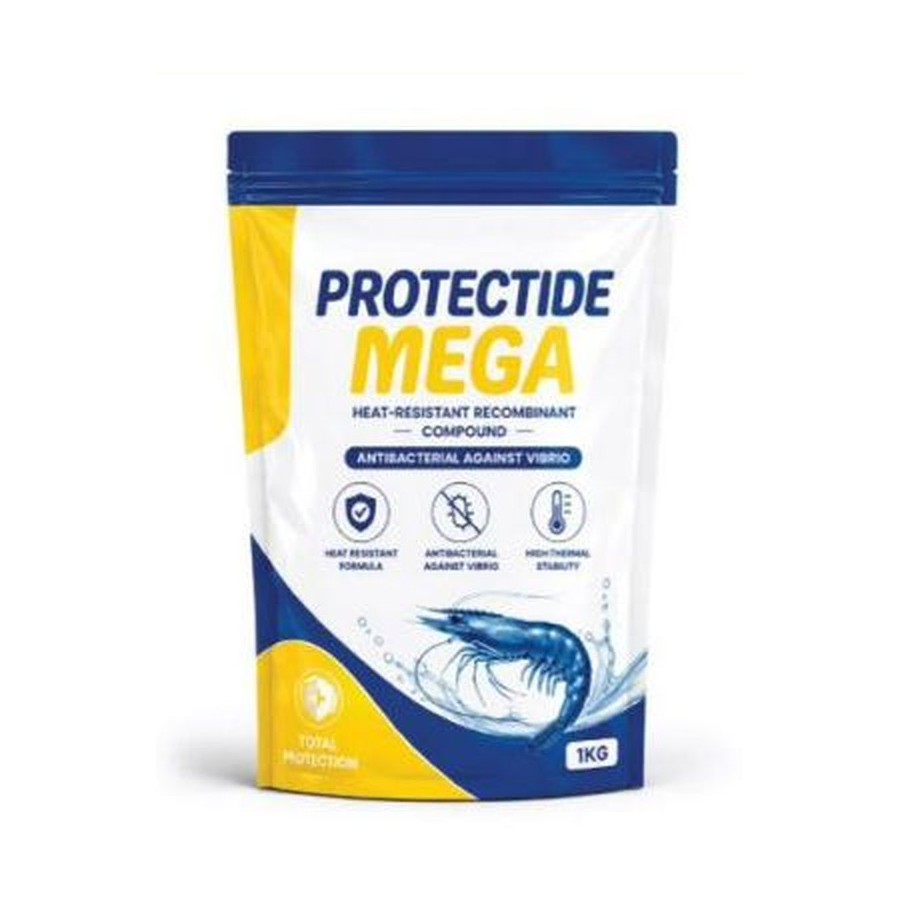 Empaque de 1 kg de Protectide Mega, bolsa blanca, azul y amarilla con la ilustración de un camarón y los íconos de fórmula resistente al calor, antibacteriano contra Vibrio y alta estabilidad térmica